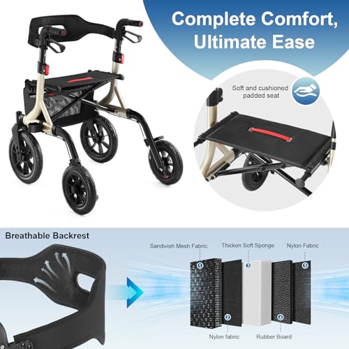 MAXWALK Walkers for Seniors, Rollator Walker with Seat, 12" Big Rubber Wheels All Terrain Rollator Walker with Backrest, Built-in Cable, Cup Holder, Foldable and Height Adjustment for Seniors, Gold - Thumbnail 5