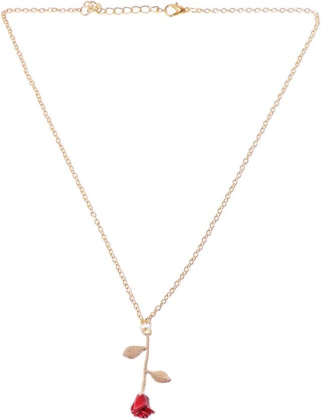 Richi 8K Beauty and Beast Golden Filled 3D Red Rose Pendant Necklaces for Women Jewelry (Gold)