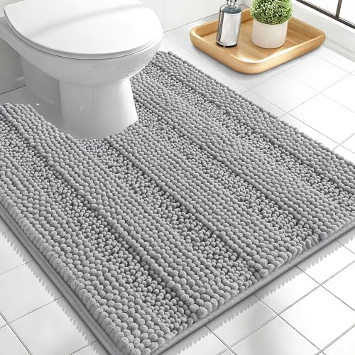 Image of OLANLY Thick Toilet Rugs U-Shaped 24x20, Extra Soft Absorbent Chenille Striped Contour Bathroom Rugs for Toilet, Dry Quickly, Machine Washable, Non-Slip Bath Mat, Light Grey