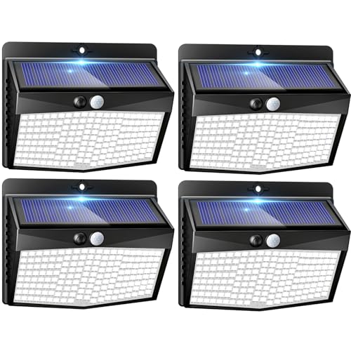 Peasur Lampe Solaire Exterieur Detecteur de Mouvement Lot de 4, LED Lumiere Extérieur avec Détecteur, 3 Modes/etanche Spot Solaire, Eclairage Extérieure pour Jardin Murale Garage, Blanc Froid