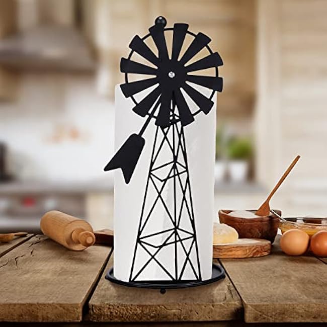 Vesici Windmill Paper Towel Holder Western Farmhouse Standing Paper Towel Roll Holder Black Countertop Metal Farm Decor Rustic Country Kitchen Rack for Kitchen Bathroom Home, 14.4 Inch