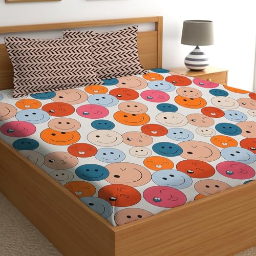 Image of IVAZA Ezyption Cotton Soft and Warm Mix N Match Bedsheet Set for Double Size Bed Soft Durable bedsheet with 2 Pillow Cover Smilee Emoji