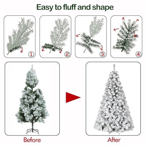 Image of Hykolity 6 ft Prelit Snow Flocked Christmas Tree, Artificial Christmas Tree with 250 Warm White LED Lights, 551 PVC Branch Tips, Easy Assembly with Metal Stand and Hinged Branches