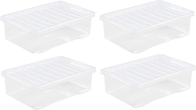4 x 32L Plastic Storage Boxes Crystal Clear Box & Lid Large Home Office Stackable Nestable Under bed Boxes