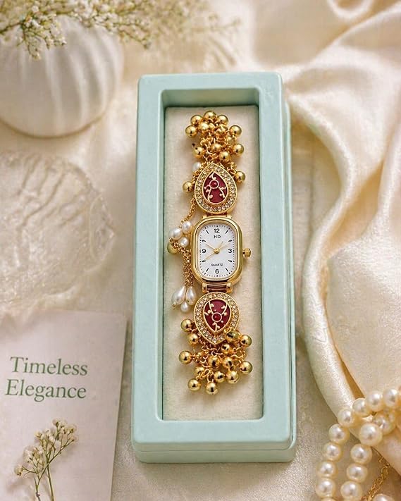 Image of RealTrend Premium Kashmiri Watch for Women, Gold-Plated Bracelet Watch for Women with Red Stone & Ghungroo | Ethnic Analog Wrist Watch | Bridal & Wear Jewelry