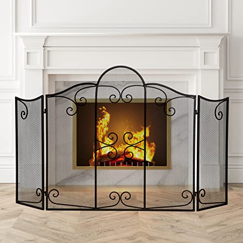 IRONWALLS Paravent de cheminée noir, 131,6 cm (L) x 75,4 cm (H), 3 panneaux pliables décoratifs, en maille, accessoire de décoration de cheminée classique en métal pour salon, maison, ferme Cover