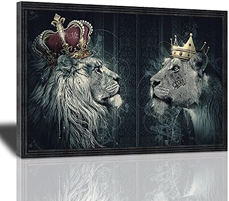 Lion Pictures Wall Decor Lion with Crown Portrait Canvas Wall Art Retro Black and White Lion Head Wall Decor Lion Painting Prints African Animal Artwork Lion Poster Framed for Bedroom 12x16 inch