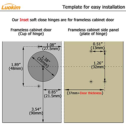Luokim 4Pcs Standard Cabinet Hinge,Fit For Frameless Cabinet,European Inset,Soft Closing,Four-Hole Mounting Plate Hinges,Nickel Plated Finish #TOP3
