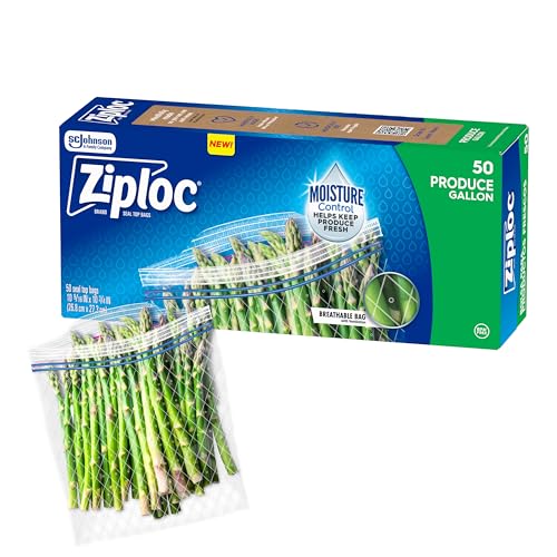 Ziploc Food Storage Produce Bags, Seal Top to Keep and Control Moisture, 50 Bags Total