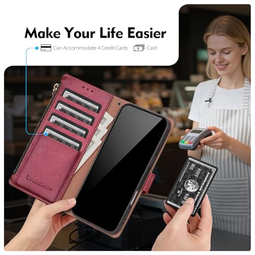 Scutumate Compatible with iPhone 17 Pro Wallet Case with Card Holder RFID Blocking Zipper Poket PU Leather Flip Phone Case with Wrist Strap Credit Card Slots Men Women,for Apple 17 Pro 6.3",Wine Red by Scutumate - Image 5
