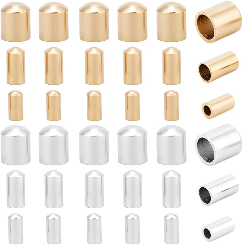 Beebeecraft 90Pcs 3 Sizes Column End Caps Leather Cord Ends 24K Gold & Sterling Silver Plated Brass 4x2/5x2.5/5x4mm Terminators End Caps for Jewelry Making DIY Findings, Golden&Silver