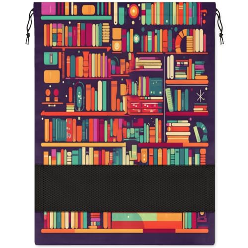 Cartoon Bookshelf Travel Shoe Bag Large Portable Drawstring Shoe Bag for Travel Dust-proof Shoe Storage Packing Organizer for Women and Men Shoe Pouch Cover