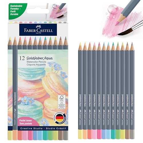 Faber-Castell Goldfaber - Lápices de acuarela aguamarina: tonos pastel, 12 unidades, lápices pastel solubles en agua para dibujar y pintar, suministros de arte para artistas y aficionados