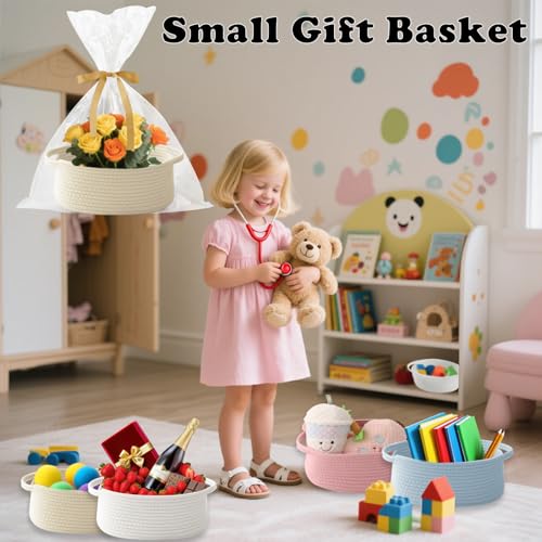 Image of Cream Woven Rope Basket,Baby Gift Basket with Bag & Ribbon