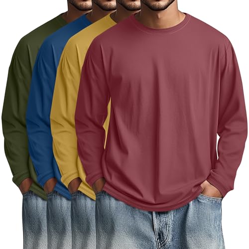 Image of August Alley 4 Pack Men's Big and Tall Cotton Shirts L-7XL, Long Sleeve Oversized Tops Loose Casual Large T-Shirts Basic Tee