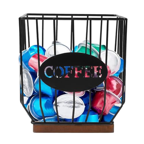 Coffee Pod Holder, Metal Coffee Pod Storage, Counter Coffee Capsule Holder, Coffee Bar Accessories, Large Capacity Black Wire Kup Storage Basket with Wooden Base for Kitchen and Office