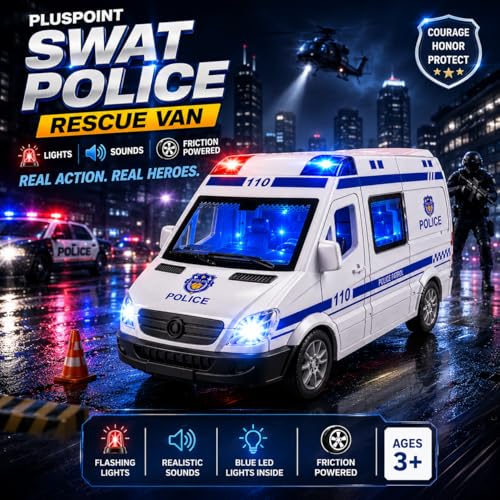 Image of PLUSPOINT Police Bus Friction Powered with Lights Sounds Push and Go Rescue Durable Friction Toy for Kids SWAT Bus Pretend Play Cop Toy for Boy Girl Toddlers