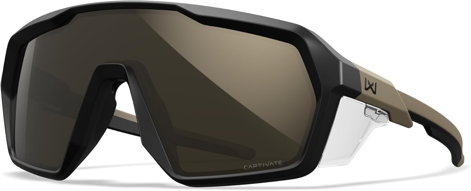 Wiley X Citadel Shield Sunglasses, Ballistic Rated Safety Glasses for Men and Women, UV Eye Protection for Shooting, Fishing and Biking, Matte Black & Tan Frames, Captivate Tungsten Mirror Lenses