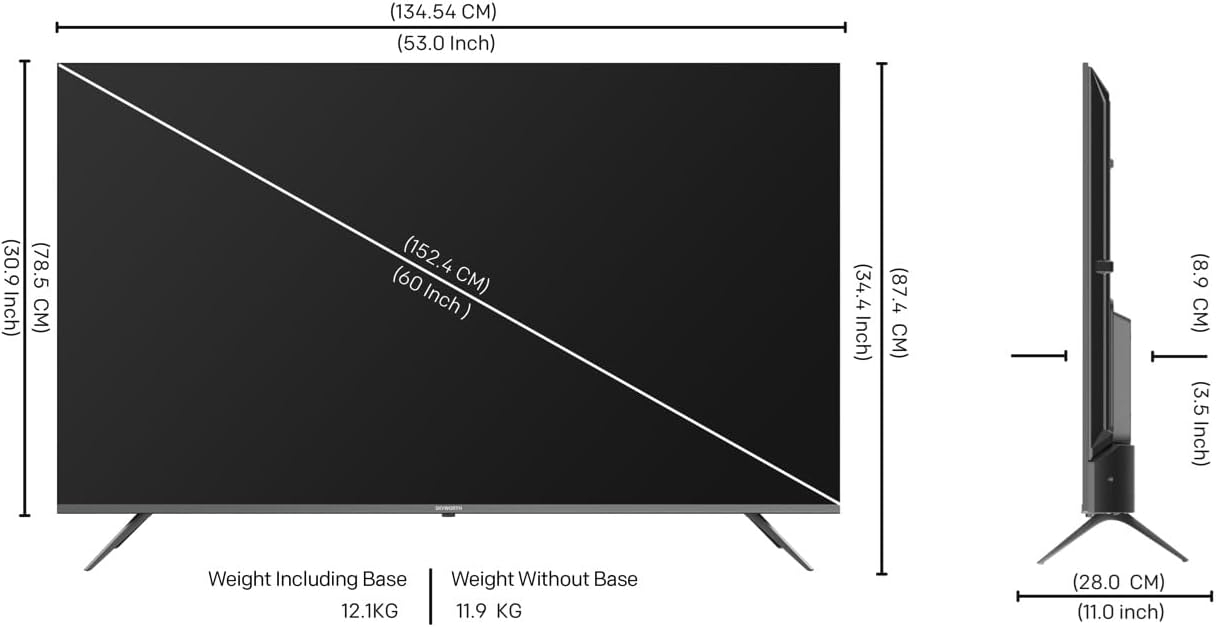 Diagram showing TV dimensions and stand attachment points