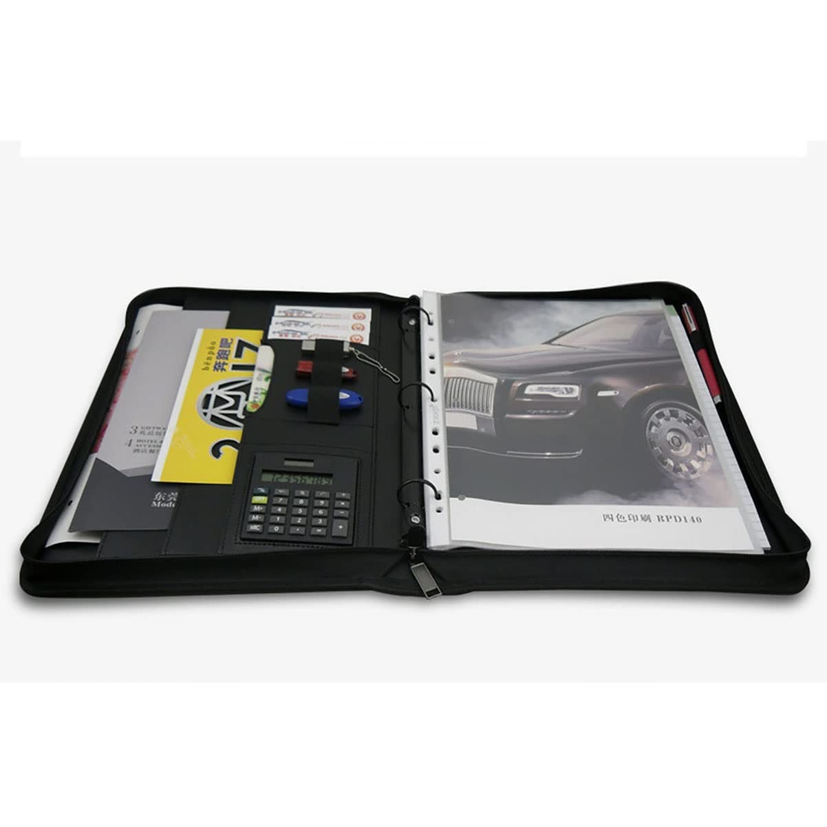 Zdejmujący się Ring Binder i Notepad, Teczka A4 ze skóry PU, zapinana na zamek, z 3 kółkami, organizerem, kieszeniami długopisy, w kolorze czarnym(Black B)