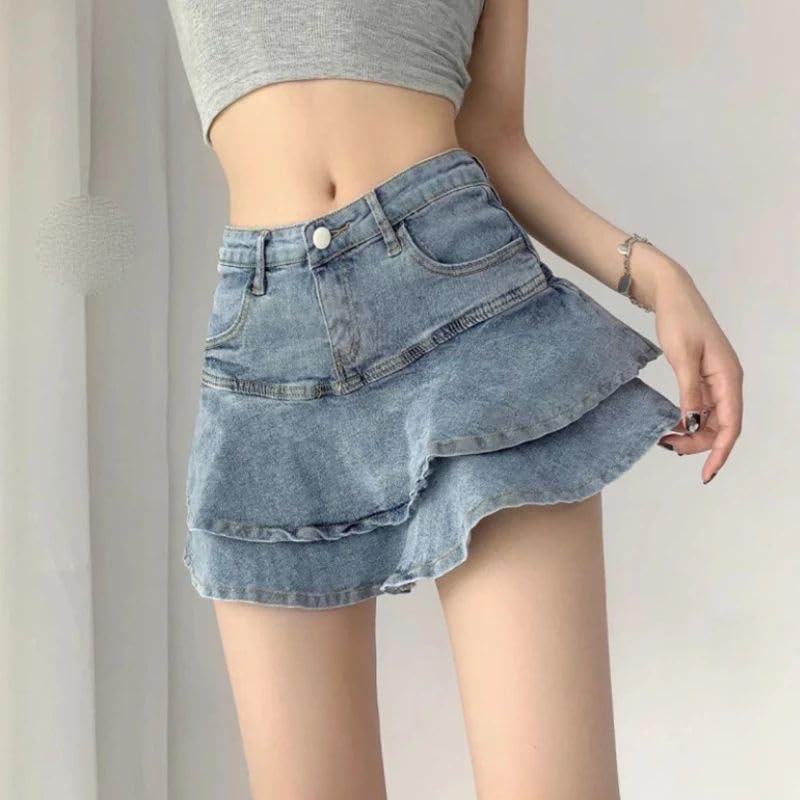 Mini jupe à volants denim avec patchwork asymétrique et taille haute