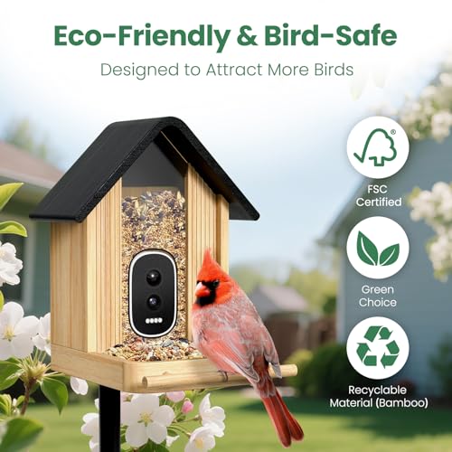 Image of Smart Bird Feeder Camera with Solar Panel, Bamboo
