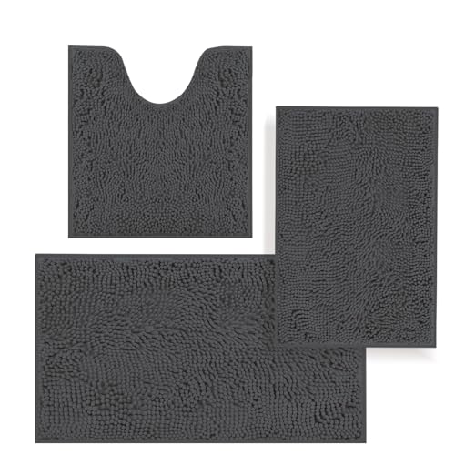 Bathroom Rugs Sets 3 Piece,Bath Mats for Bathroom Non Slip, Thick Chenille Bath Rug,Soft and Absorbent Shaggy Bathroom Mat Set Machine Wash & Quick Dry Durable Carpet for Bath, Kitchen,Dark Gray