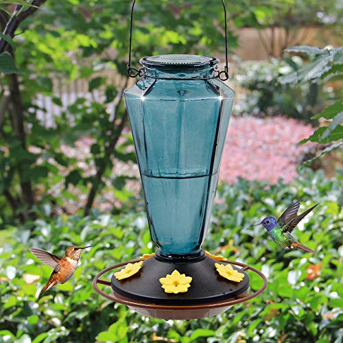 Juegoal Glass Hummingbird Feeders For Outdoors - 22 Oz Wild Bird Feeder 5 Feeding Ports, Diamond Shaped Metal Handle Hanging For Garden Tree Yard Outside Decoration, Gray-Blue #TOP4