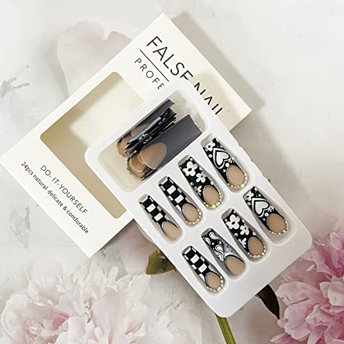 French Tip Press On Nails Long Coffin Fake Nails White Black Heart False Nails With Rhinestones Designs Full Cover Matte Artificial Nails Flower Flame Star Checkered Pattern Valentine Acrylic Nails #TOP2