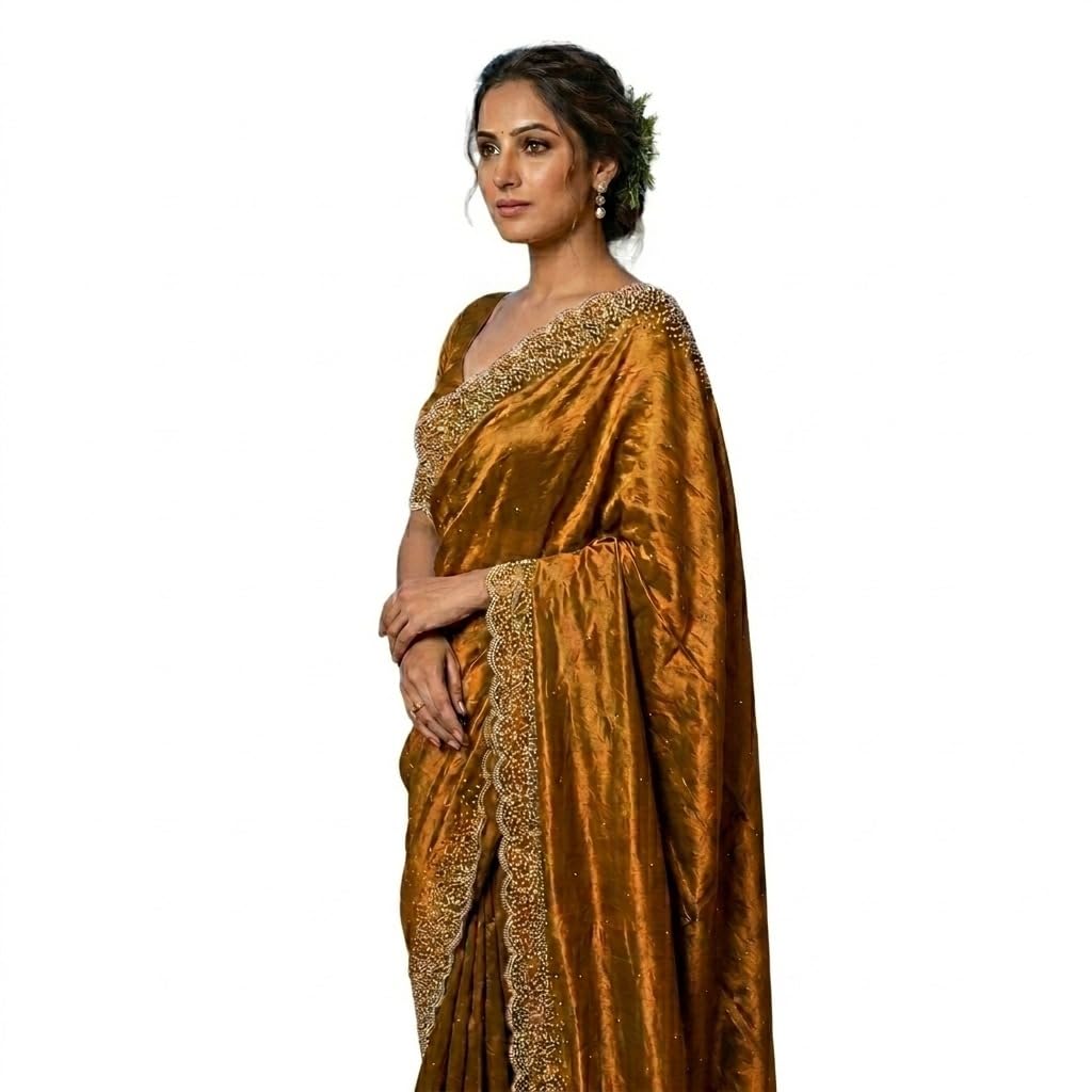 Women Georgette Stone Work Designer Saree with Blouse Piece | Embellished Party, Wear Saree with Decorative Border | Elegant Golden Ethnic Saree for Wedding, Festive & Special Occasions-image-31