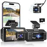 3 Channel Dash Cam Front and Rear,4K Full HD Dash Camera for Cars with 64G SD Card Built-in WiFi Car Dashboard Camera Recorder with 3'' IPS Screen 170°Wide Angle,WDR G-Sensor Parking Mode.