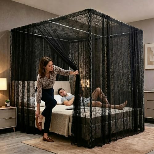 Cortinas de cama con dosel de encaje negro con acabado sofisticado para camas King size 6