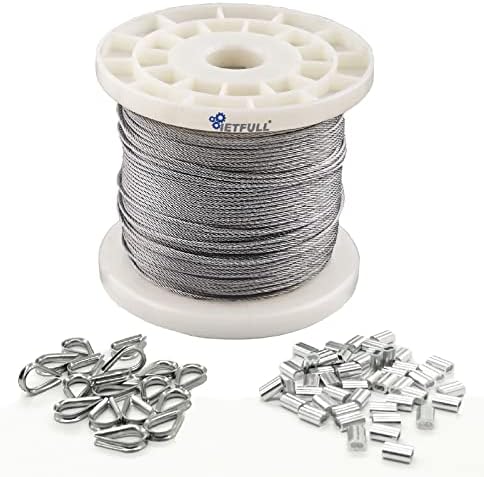 IETFULL 1/16 Wire Rope, 1/16 in. x328 ft. Aircraft Cable, 304 Stainless Steel Cable, 7x7 368 lbs Breaking Strength Steel Wire with 50pcs Thimbles and 50pcs Crimping Sleeves, Clothesline Trellis Wires