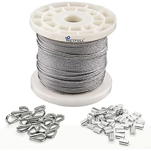 IETFULL 1/16 Wire Rope, 1/16 in. x328 ft. Aircraft Cable, 304 Stainless Steel Cable, 7x7 368 lbs Breaking Strength Steel Wire with 50pcs Thimbles and 50pcs Crimping Sleeves, Clothesline Trellis Wires Cover