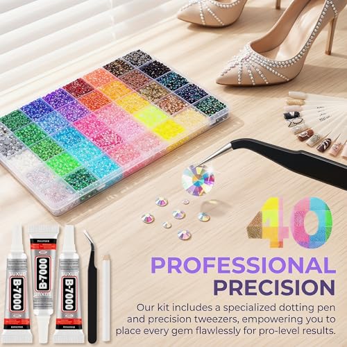 32000Pcs 3mm Resin Jelly Rhinestones Kit, 40 Colors Multicolor Flatback Gems for Bedazzling with 3PCS B7000 Glue, for DIY Crafts, Clothing, Shoes, Tumblers, Diamond Art, Makeup and Nail Art Decoration — view 2