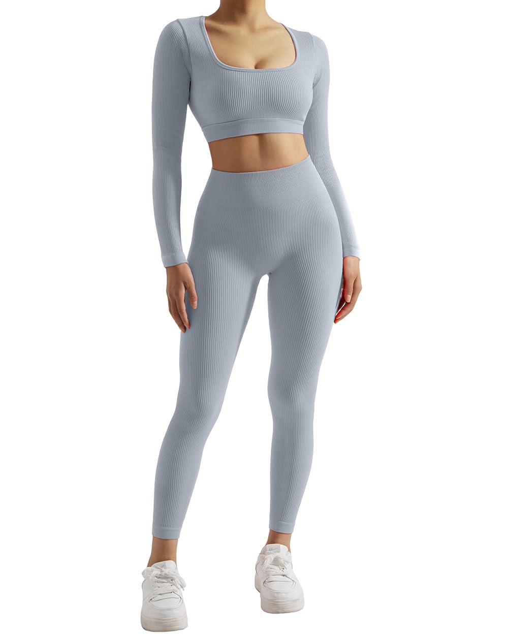 SUUKSESS 2 Piece Workout Sets for Women Long Sleeve Gym Sets Woman Butt Lifting Leggings Open Back Crop Tops: #2 Grey X-Small