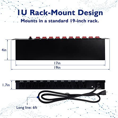 10 Outlet Horizontal 1U Rack Mount Pdu Power Strip - Surge Protection,10 Individual Led Switches，Ac 100V-240V-15A.for Network Server Racks, 6 Feet Heavy Power Cord #TOP5