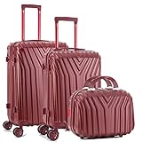 Juego de Maletas x3, Equipaje de Viaje Mediano (66x42x25cm) + Valija Cabina de Mano (55x37x20cm) + Neceser Rígido, Material ABS+PC, Ruedas Silenciosas 360º Giratorias (Burdeos)