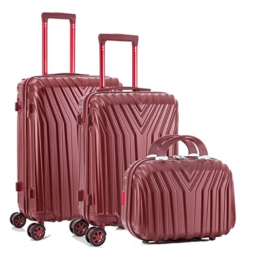 Juego de Maletas x3, Equipaje de Viaje Mediano (66x42x25cm) + Valija Cabina de Mano (55x37x20cm) + Neceser Rígido, Material ABS+PC, Ruedas Silenciosas 360º Giratorias (Burdeos)