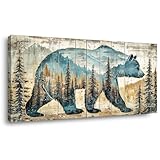 Ggaafet Brown Rustic Bear Wall Art Decor for Bedroom Cabin Farmhouse Canvas Pictures Wildlife Forest Mountain Painting Prints Retro Wood Artwork Deco