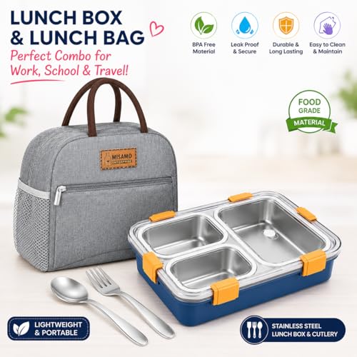 Image of Misamo Enterprise Lunch Box with Insulated Lunch Bag Combo, 3 Compartment Stainless Steel Lunch Box with Spoon & Fork, Leak Proof Food Container for School, Office & Travel (Grey Bag+Blue Lunch Box)