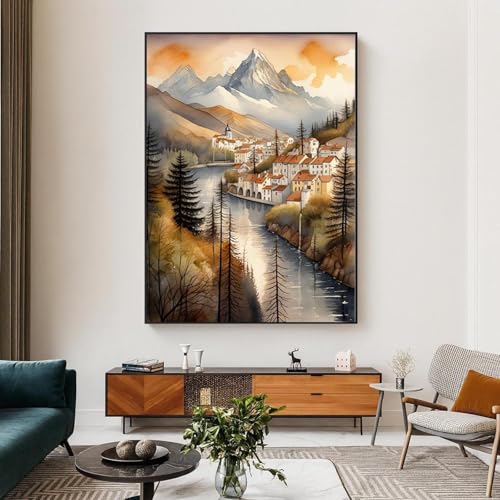 Toile murale paysage alpin aquarelle village de montagne sans cadre 80x140cm