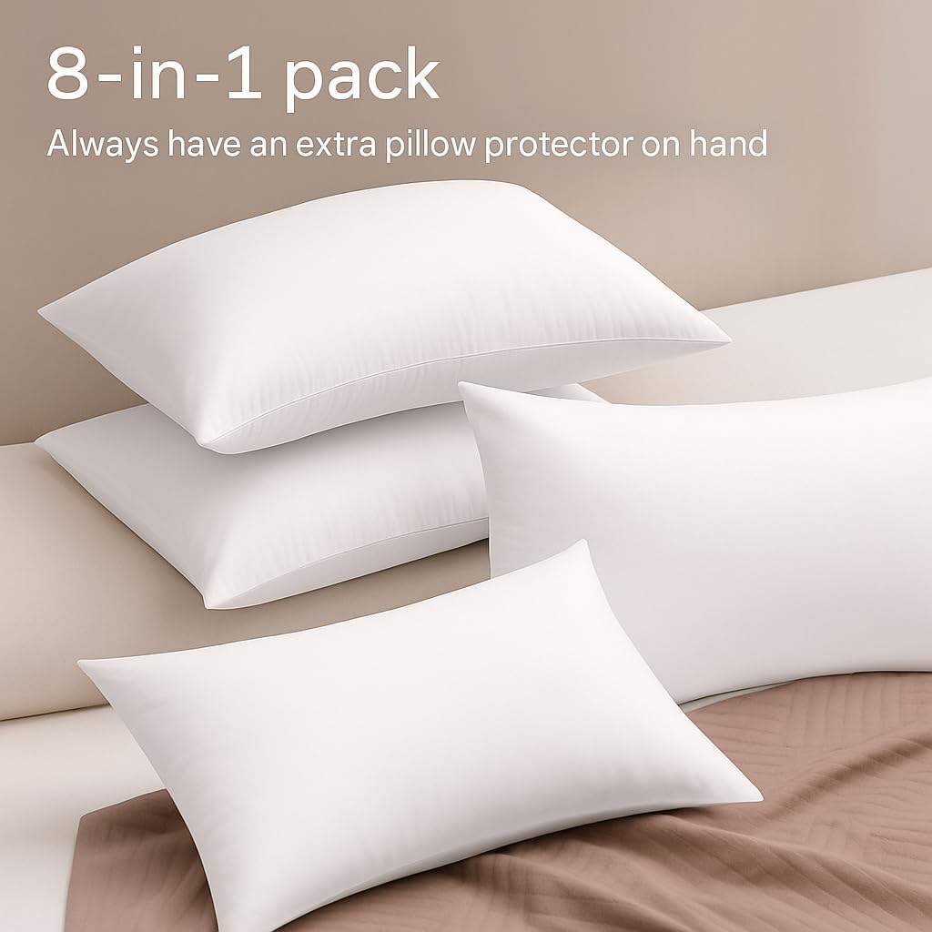 Ultra Soft Pillow Protectors with Zipper Standard Size - Set of 8 Breathable Pillow Covers - 100% Protection Against Stains, Dust & Dirt - Machine Washable (White)