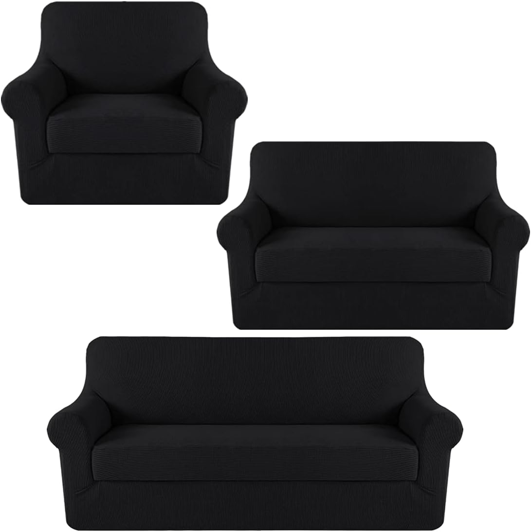 H.VERSAILTEX 2 Pieces Stretch SOFE Covers Bundle Loveseat Slipcover Bundle Chair Cover, Feature Upgraded Thicker Jacquard Fabric, Black