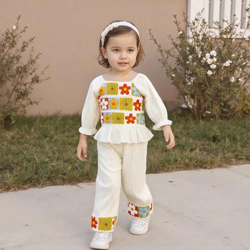 Toddler Girl Crochet Floral Outfit Long Sleeve Boho Ruffle Top and Flower Pants Set 2Pcs Infant Baby Fall Clothes Sets2
