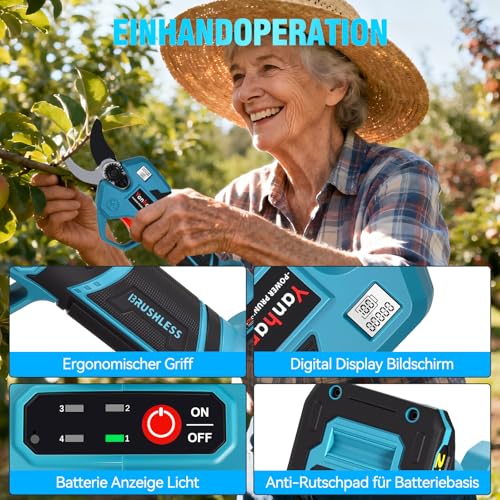 Akku Astschere 50MM Elektrische Gartenschere Kabellos für Makita mit LCD Anzeige 2x 2000mAh Batteries, Leistungsstark Leise, Professionelle Bürstenlose Gartenschere für Zweige, Sträucher, Stämme