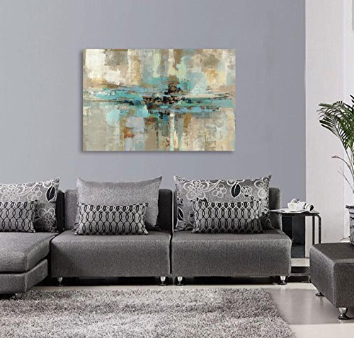 Decor Well - Large Size Abstract Grey Teal Canvas Wall Art Painting Print, Ready To Hang #TOP4