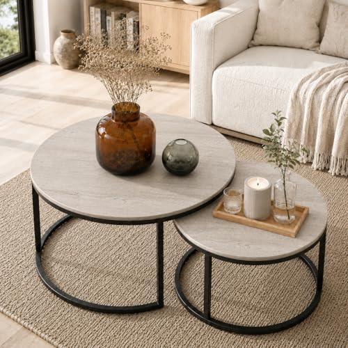 Otterease Nesting Tables Set of 2, 31.5' Round Coffee Table, Large Nesting Coffee Table with Adjustable Non-Slip Fee, Wood Grain Top Nesting Tables for Living Room, Bedroom (Wood Grain Grey)