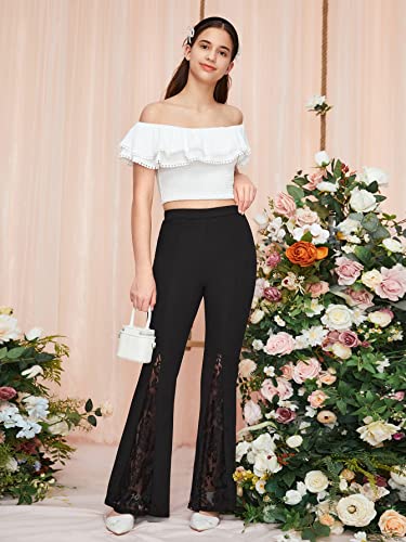 Wdirara Girl's Floral Lace Mesh Elastic High Waist Flare Leg Pants Casual Pants Black Floral 14Y #TOP3
