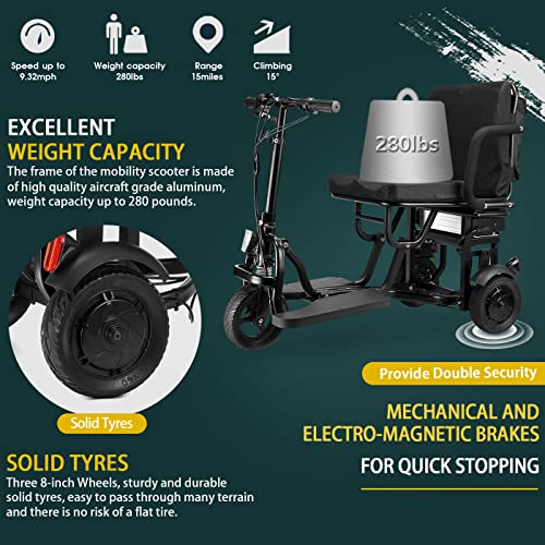Wisging Scooter Mobility Folding Electric Mobility Scooter 3 Wheel Lightweight Portable Power Travel Scooters - Solid Tyre Support 280 Lbs Weight Only 49.6 Lbs Long Range(15 Mile) #TOP3